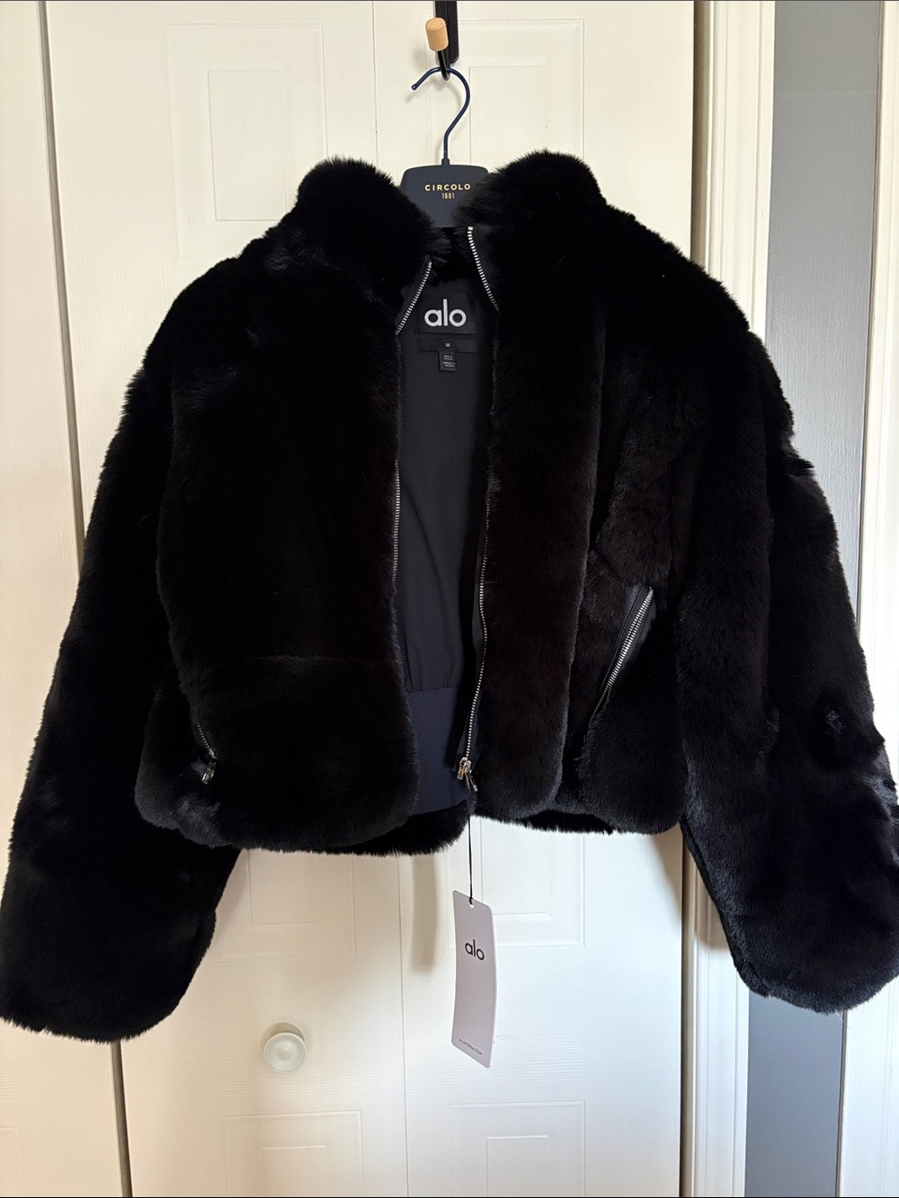 ALO Yoga Black Faux Fur Bomber Jacket - Plush Cropped Bomber